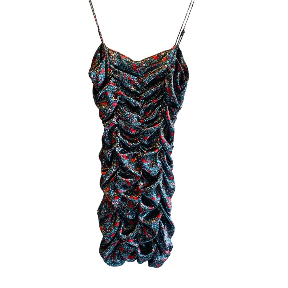 Urban Outfitters Iris Satin Ruched Mini Dress Black Rose Detail Medium - Picture 3 of 10
